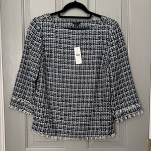 Ann Taylor Navy and White Tweed Fringe Boatneck Blouse
